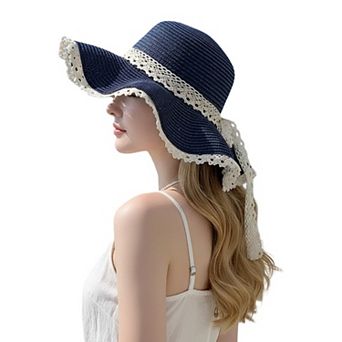 Wide Brim Straw Sun Hat Lace Trim Bow Adjustable Chin Strap Breathable Packable Summer Beach Hat
