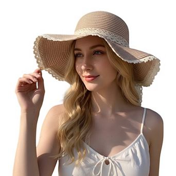 Wide Brim Straw Sun Hat Lace Trim Bow Adjustable Chin Strap Breathable Packable Summer Beach Hat