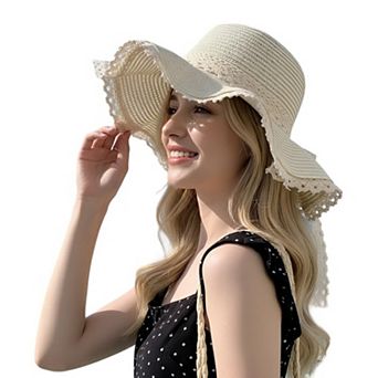 Wide Brim Straw Sun Hat Lace Trim Bow Adjustable Chin Strap Breathable Packable Summer Beach Hat