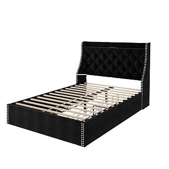 Bed Frame with 4 Storage Drawers - Wingback Headboard, USB/Type-C Charging Station, Diamond Tufted