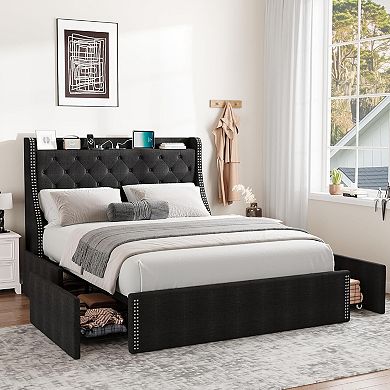 Bed Frame with 4 Storage Drawers - Wingback Headboard, USB/Type-C Charging Station, Diamond Tufted