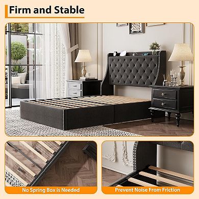 Bed Frame with 4 Storage Drawers - Wingback Headboard, USB/Type-C Charging Station, Diamond Tufted