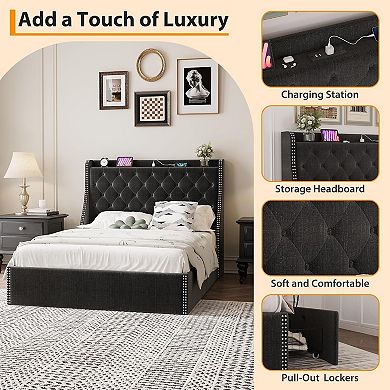 Bed Frame with 4 Storage Drawers - Wingback Headboard, USB/Type-C Charging Station, Diamond Tufted