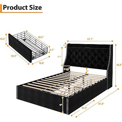 Bed Frame with 4 Storage Drawers - Wingback Headboard, USB/Type-C Charging Station, Diamond Tufted
