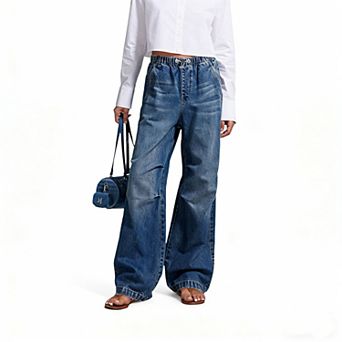 Women's Mid-Rise Wide-Leg Pleated Loose Fit Denim Jeans Street Style Retro Straight Pants