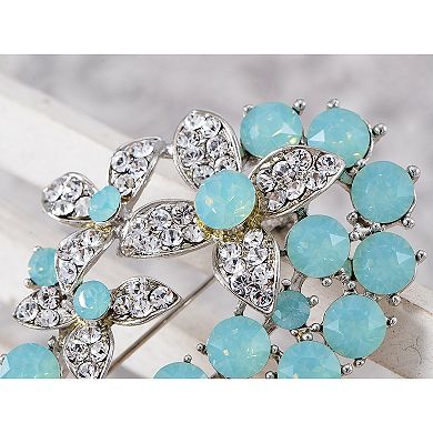Silvery Tone Shiny Light Blue Clear Crystal Elements Flower Bouquet Brooch Pin