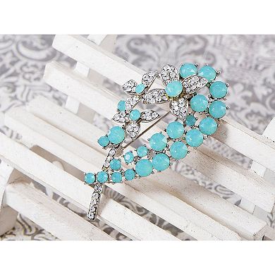 Silvery Tone Shiny Light Blue Clear Crystal Elements Flower Bouquet Brooch Pin