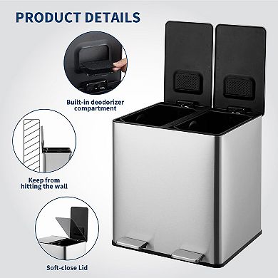 Dual Trash Can, 2x4 Gallon (2x15L) Stainless Steel Step Trash Can