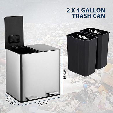 Dual Trash Can, 2x4 Gallon (2x15L) Stainless Steel Step Trash Can