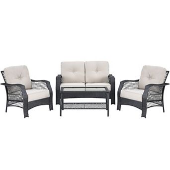 4 pc Patio Wicker Furniture Conversation Sets with Coffee Table and Cushions