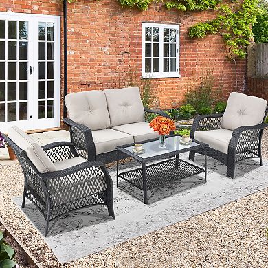 4 Pieces Patio Wicker Furniture Conversation Sets with Coffee Table and Cushions