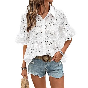 Womens Hollowed Out Jacquard Shirt Casual Summer Lapel Short Sleeve Blouses