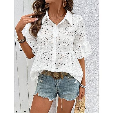 Womens Hollowed Out Jacquard Shirt Casual Summer Lapel Short Sleeve Blouses