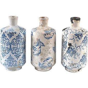 Hello Honey Various Decorative Terra-cotta Vases with Patterned Finish, Blue and White, Set of 3