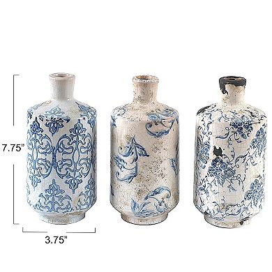 Hello Honey Various Decorative Terra-cotta Vases with Patterned Finish, Blue and White, Set of 3