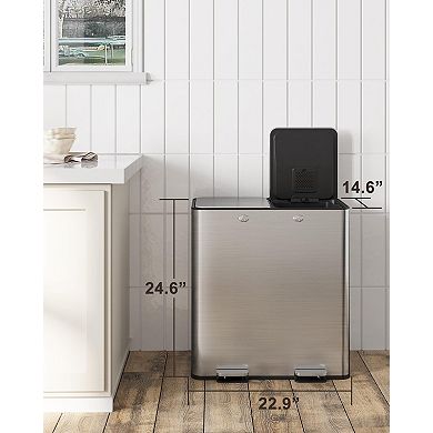 60L/16 Gal Kitchen Trash Can with Separate Lids,2×8 Gal Pedal Trash Bin with Removable Basket