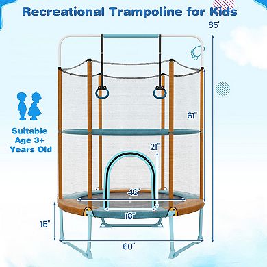 Kids Mini Trampoline with Enclosure Net and Adjustable Gymnastics Rings for Safe Indoor Outdoor Play