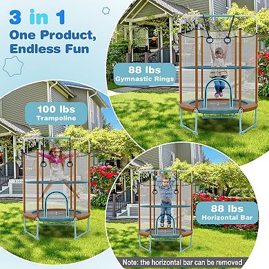 Kids Mini Trampoline with Enclosure Net and Adjustable Gymnastics Rings for Safe Indoor Outdoor Play