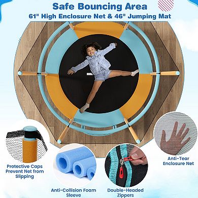 Kids Mini Trampoline with Enclosure Net and Adjustable Gymnastics Rings for Safe Indoor Outdoor Play