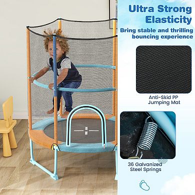 Kids Mini Trampoline with Enclosure Net and Adjustable Gymnastics Rings for Safe Indoor Outdoor Play