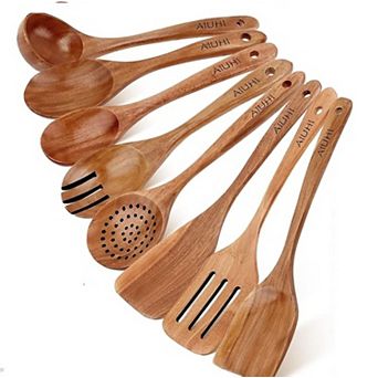 8-Pack Teak Wooden Cooking Spoons Set, Non-Scratch, Nonstick Kitchen Utensils