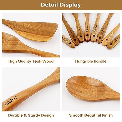 8-Pack Teak Wooden Cooking Spoons Set, Non-Scratch, Nonstick Kitchen Utensils