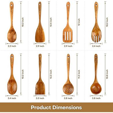 8-Pack Teak Wooden Cooking Spoons Set, Non-Scratch, Nonstick Kitchen Utensils