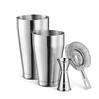 4 pc Boston Cocktail Shaker Set with 18oz & 28oz Tins, Strainer, Jigger & Recipe Cards