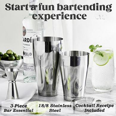 4-Piece Boston Cocktail Shaker Set with 18oz & 28oz Tins, Strainer, Jigger & Recipe Cards