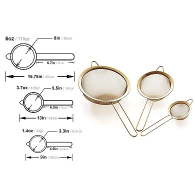 Premium 304 Stainless Steel Fine Mesh Strainer Set 8", 5.5", 3.3" Durable Kitchen Set
