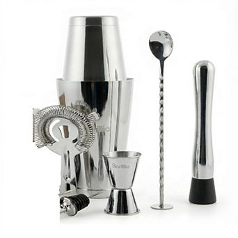 9 pc Stainless Steel Boston Shaker Set w/ Strainer & Mixer - Home Bar Kit