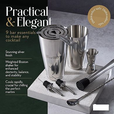 9-Piece Stainless Steel Boston Shaker Set w/ Strainer & Mixer - Home Bar Kit