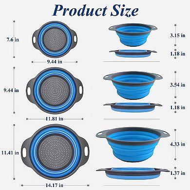 Collapsible 3-Piece Colander Set, Space-Saving Strainers for Pasta, Veggies & Fruits