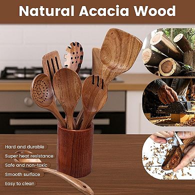 10-Piece Acacia Wood Cooking Utensil Set, Nonstick Safe, Durable & Smooth Finish