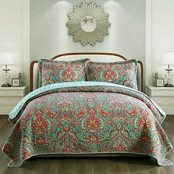 Cotton Bedspread Quilt Sets-Reversible Patchwork Coverlet Set, European Gorgeous Floral Pattern
