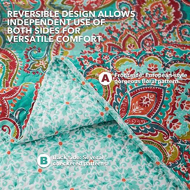 Cotton Bedspread Quilt Sets-Reversible Patchwork Coverlet Set, European Gorgeous Floral Pattern