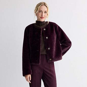 Women's Nine West Collarless Faux Fur Jacket