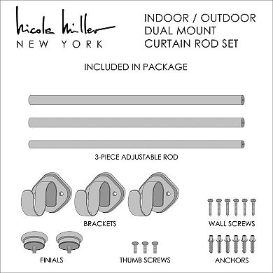 Nicole Miller Patio Country Mod Cap Dual-Mount Curtain Rod & Finial Set, Adjustable 84”-160”