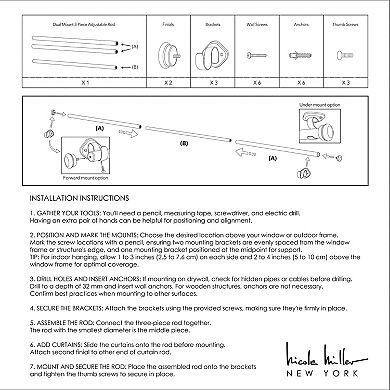 Nicole Miller Patio Country Mod Cap Dual-Mount Curtain Rod & Finial Set, Adjustable 84”-160”