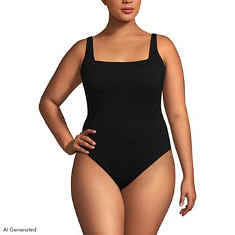 Plus Size Lands' End Boucle Square Neck Scoop Back Tummy Slimmer One-Piece Swimsuit