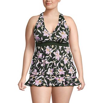 Plus Size Lands' End V-Neck Racerback Flutter Tankini Swim Top