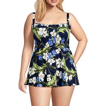 Plus Size Lands' End Square Neck Smocked Mini Swim Dress