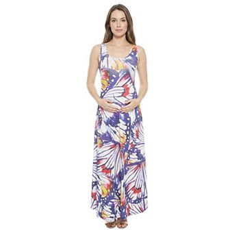 Maternity 24Seven Comfort Apparel Butterfly Scoop Neck Sleeveless Maxi Dress