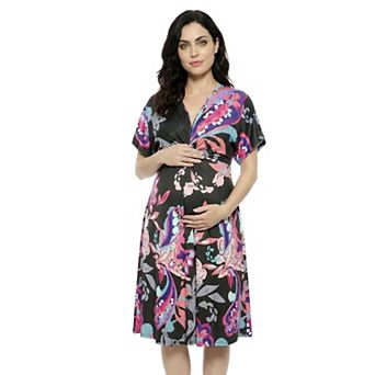 Maternity 24Seven Comfort Apparel Paisley V-Neck Short Dolman Sleeve A-Line Midi Dress