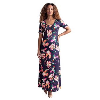 Maternity 24Seven Comfort Apparel Floral Print Scoop Neck Elbow Sleeve Maxi Dress