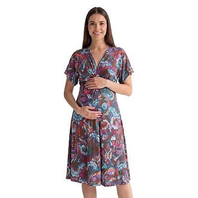 Maternity 24Seven Comfort Apparel Abstract V-Neck Dolman Sleeve Twist Front  A-Line Midi Dress