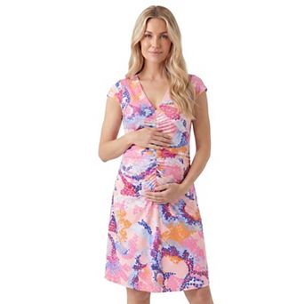 Maternity 24Seven Comfort Apparel Abstract V-Neck Cap Sleeve Ruched Front Dress in Regular & Plus Size