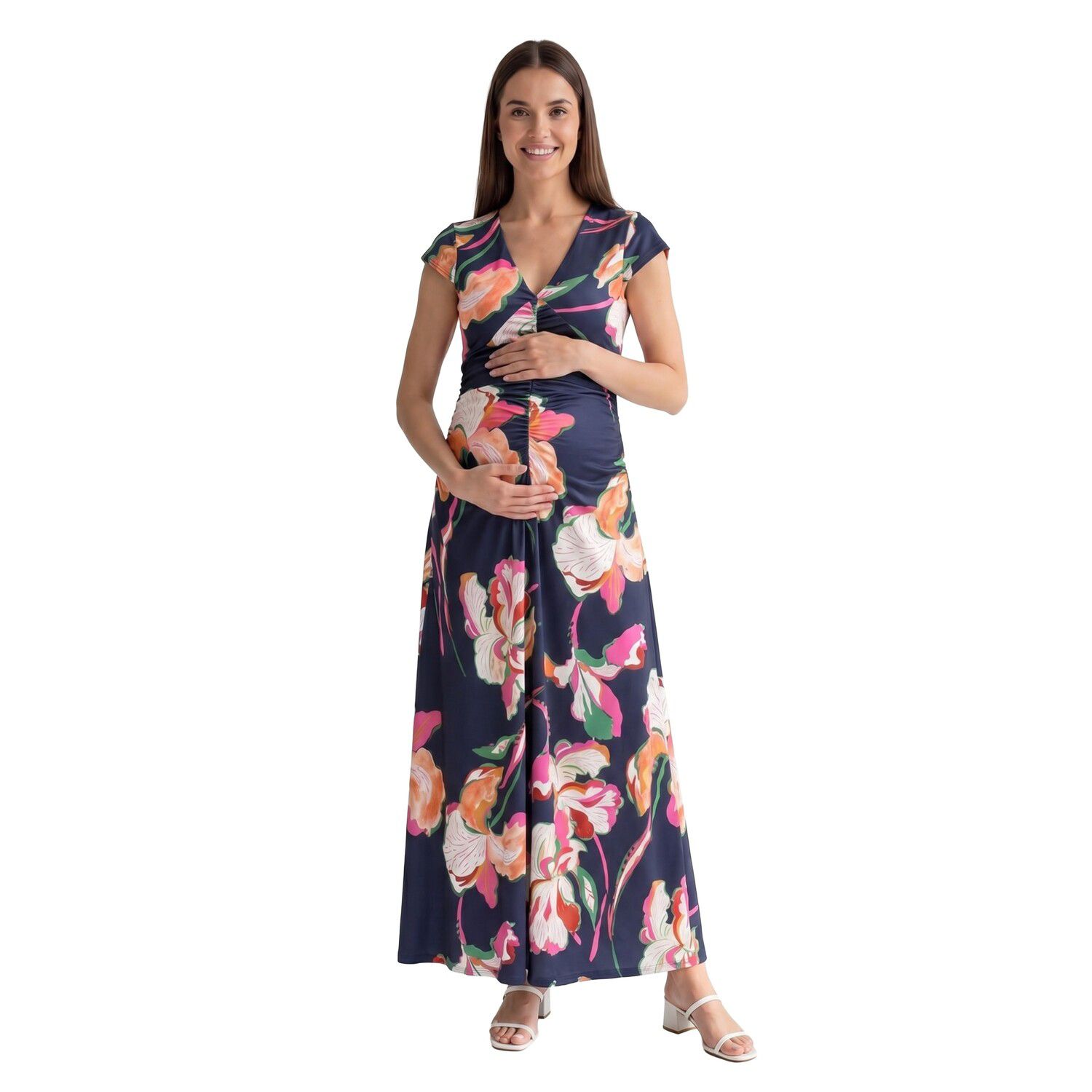 Женские платья Maternity 24Seven Comfort Apparel Floral V-Neck Cap Sleeve Ruched Front Maxi Dress in Regular & Plus Size