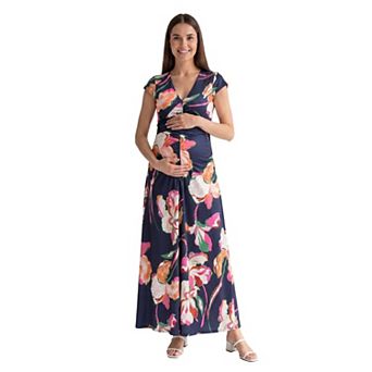 Maternity 24Seven Comfort Apparel Floral V-Neck Cap Sleeve Ruched Front Maxi Dress in Regular & Plus Size