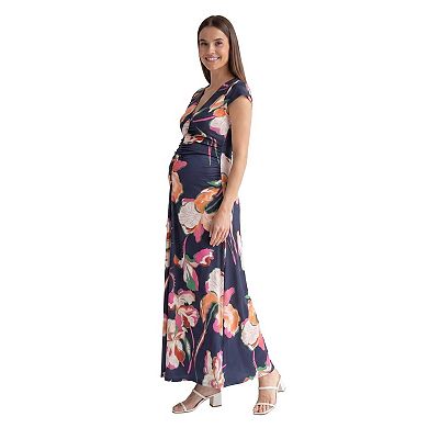 Maternity 24Seven Comfort Apparel Floral V-Neck Cap Sleeve Ruched Front Maxi Dress in Regular & Plus Size